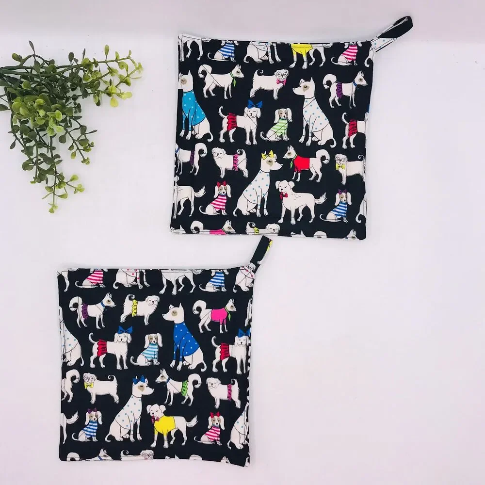 2 Square Potholders, Dog Print Cottage Core Kitchen 7x7 Inches